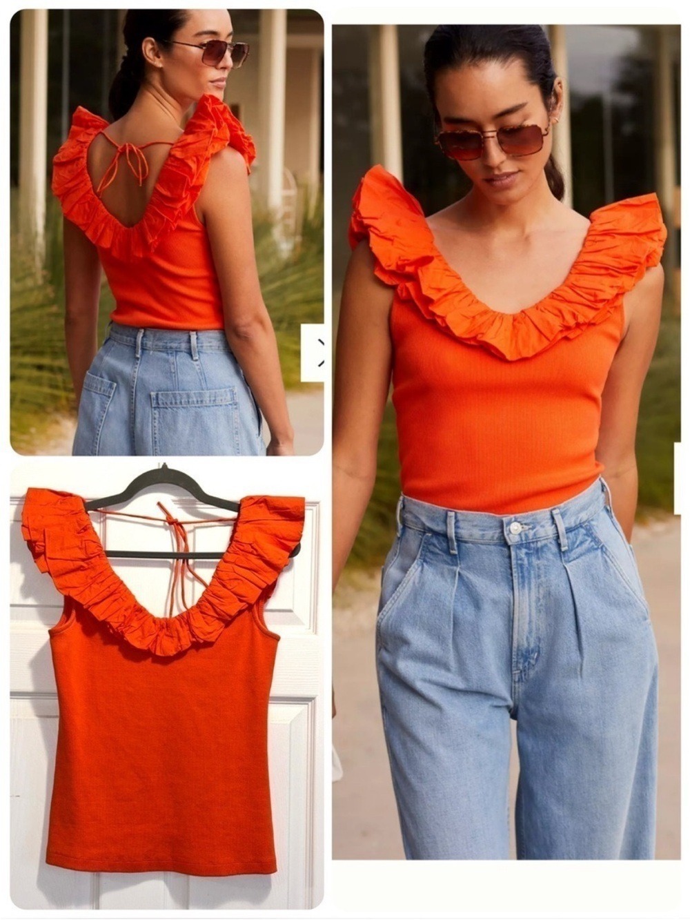 Anthropologie Maeve Ruffled V-Neck Top Orange Sleeveless Tank Size Small